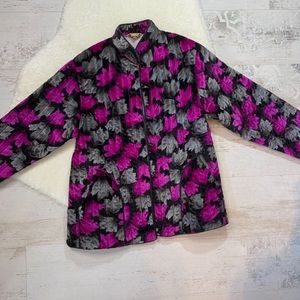 Black Purple and Grey Floral Print Puffy Jacket